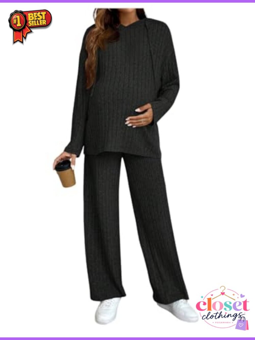 Maternity 2 Piece Ribbed Knit Hoodie Wide Leg Pants Set